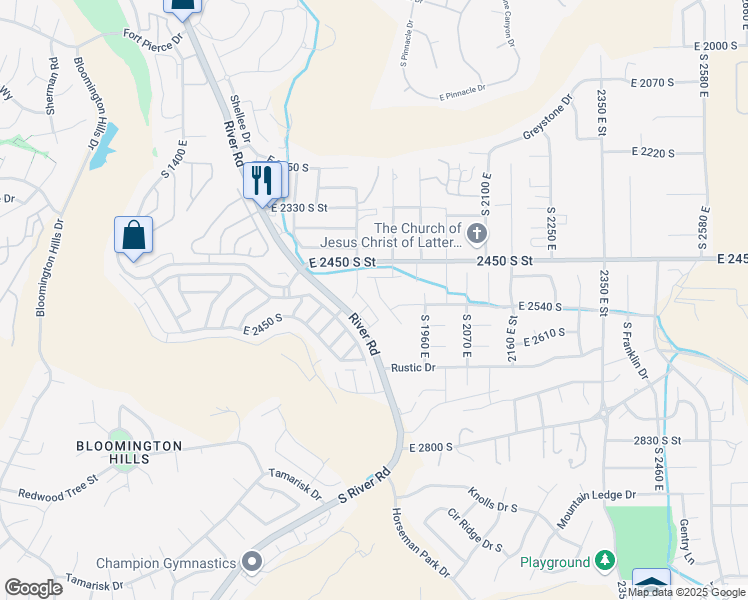 map of restaurants, bars, coffee shops, grocery stores, and more near 2506 South Monterosa Court in St. George