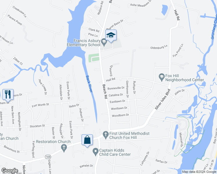 map of restaurants, bars, coffee shops, grocery stores, and more near 3 Bonneville Drive in Hampton