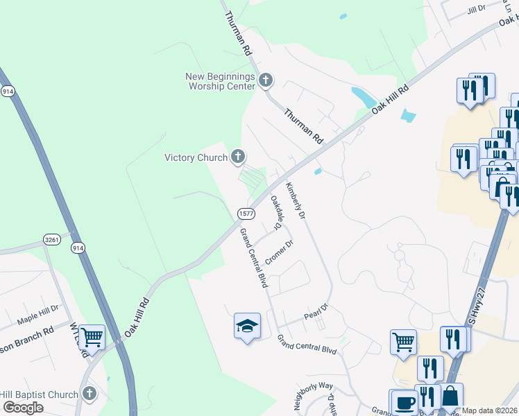 map of restaurants, bars, coffee shops, grocery stores, and more near 1255 Oak Hill Road in Somerset