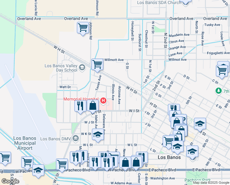map of restaurants, bars, coffee shops, grocery stores, and more near 747 Illinois Avenue in Los Banos