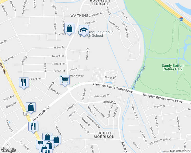 map of restaurants, bars, coffee shops, grocery stores, and more near 47 Transit Lane in Newport News