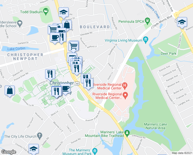 map of restaurants, bars, coffee shops, grocery stores, and more near 18 Sweetbriar Drive in Newport News