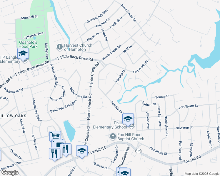 map of restaurants, bars, coffee shops, grocery stores, and more near 126 Hidalgo Drive in Hampton