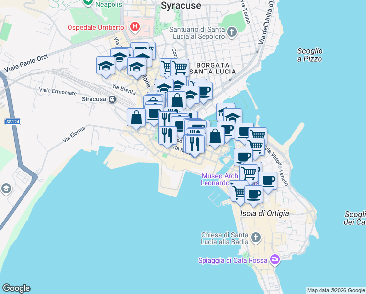 map of restaurants, bars, coffee shops, grocery stores, and more near 3 Via Bengasi in Syracuse