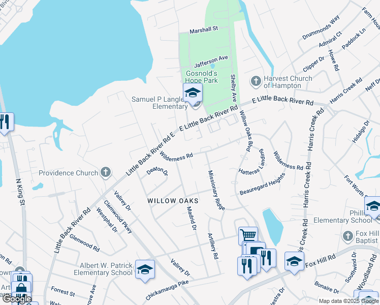 map of restaurants, bars, coffee shops, grocery stores, and more near 312 Wilderness Road in Hampton