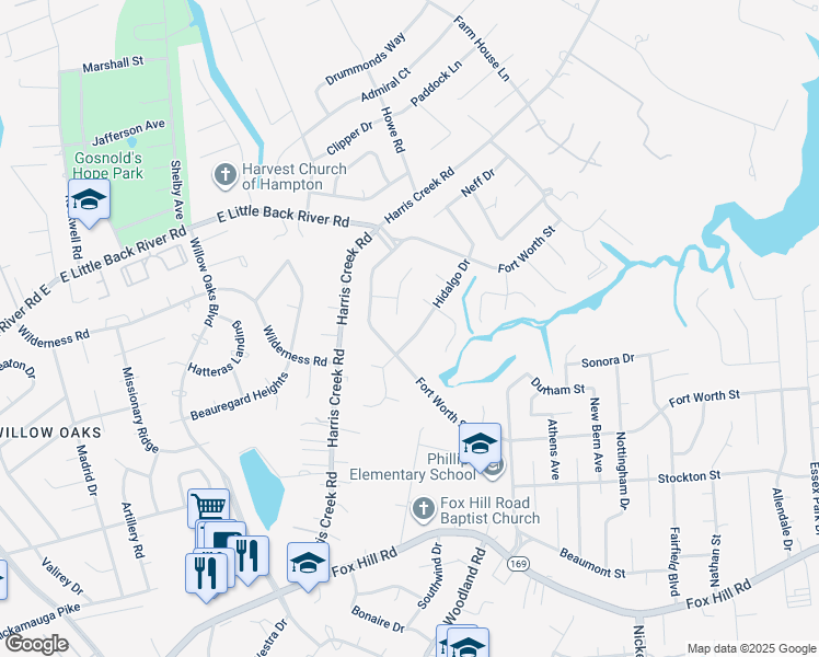 map of restaurants, bars, coffee shops, grocery stores, and more near 126 Hidalgo Drive in Hampton