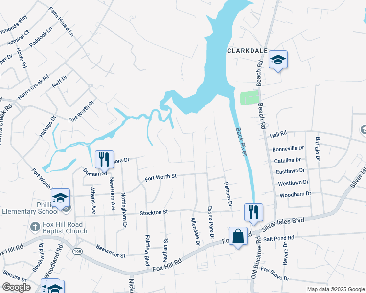 map of restaurants, bars, coffee shops, grocery stores, and more near 10 Pine Lake Court in Hampton