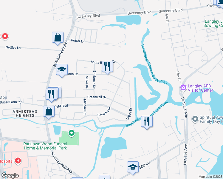 map of restaurants, bars, coffee shops, grocery stores, and more near 119 Culotta Drive in Hampton