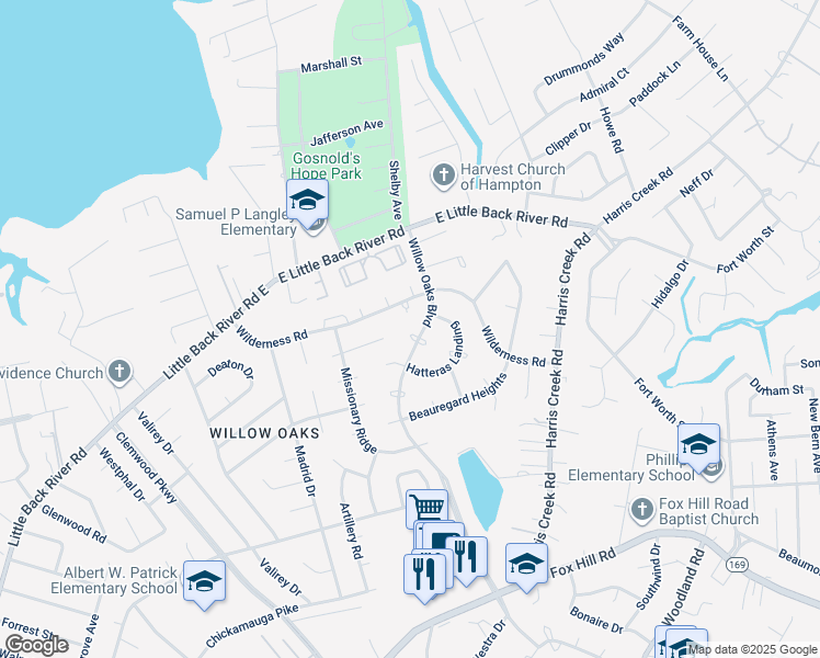map of restaurants, bars, coffee shops, grocery stores, and more near 409 Willow Oaks Boulevard in Hampton
