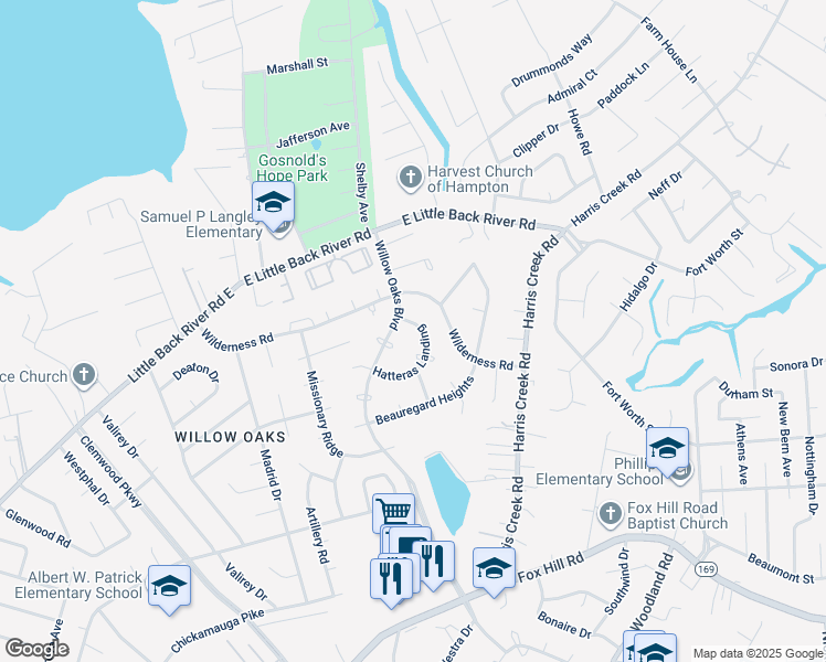 map of restaurants, bars, coffee shops, grocery stores, and more near 31 Hatteras Landing in Hampton