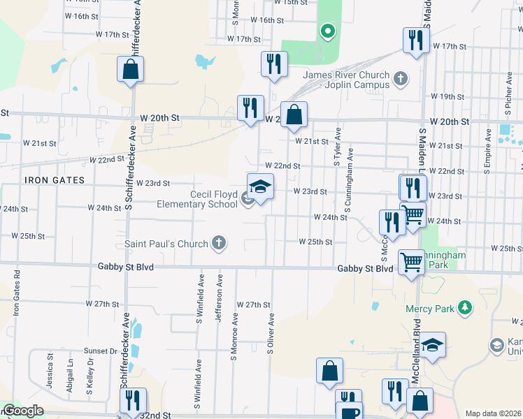 map of restaurants, bars, coffee shops, grocery stores, and more near 2301 West 24th Street in Joplin