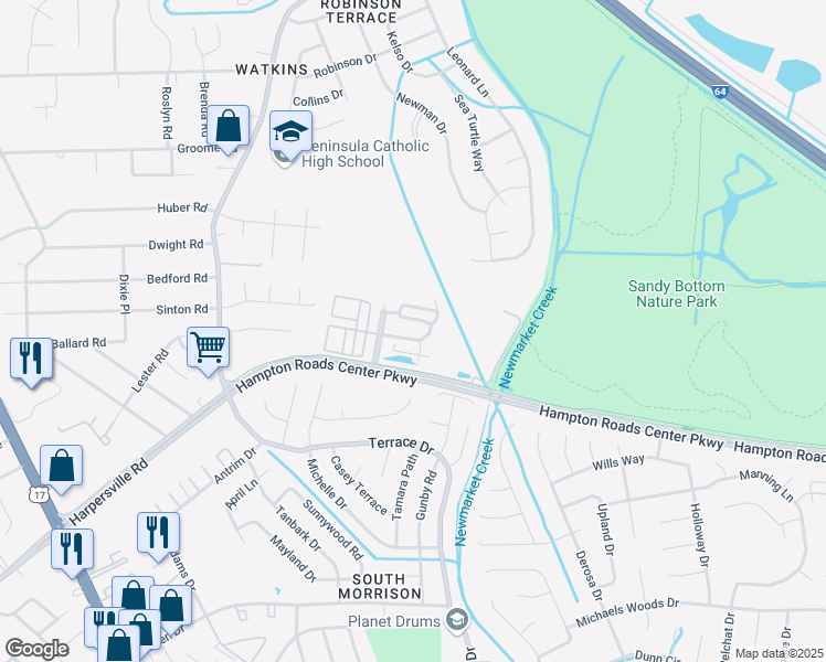 map of restaurants, bars, coffee shops, grocery stores, and more near 540 Hampton Roads Center Parkway in Newport News