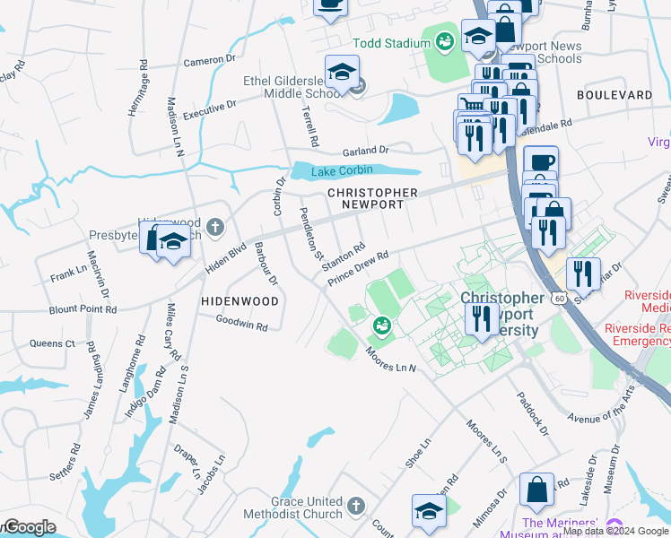 map of restaurants, bars, coffee shops, grocery stores, and more near 393 Stanton Road in Newport News