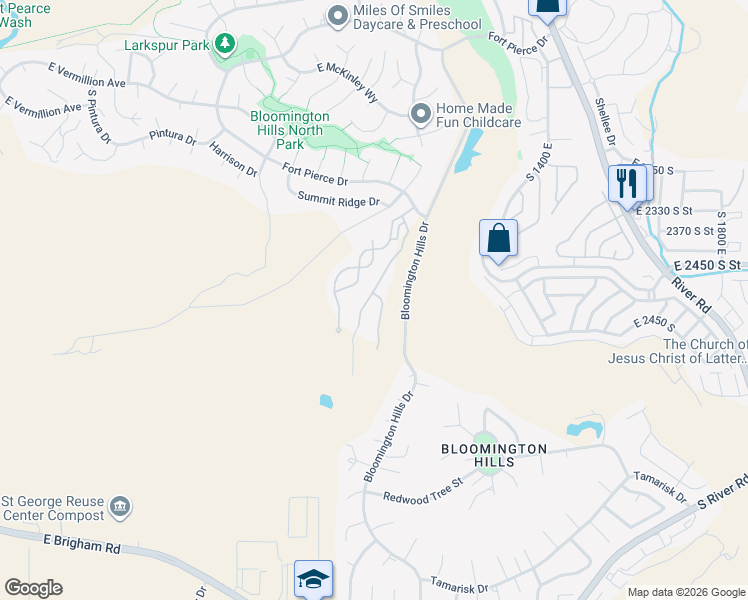 map of restaurants, bars, coffee shops, grocery stores, and more near 1140 East Fort Pierce Drive in St. George