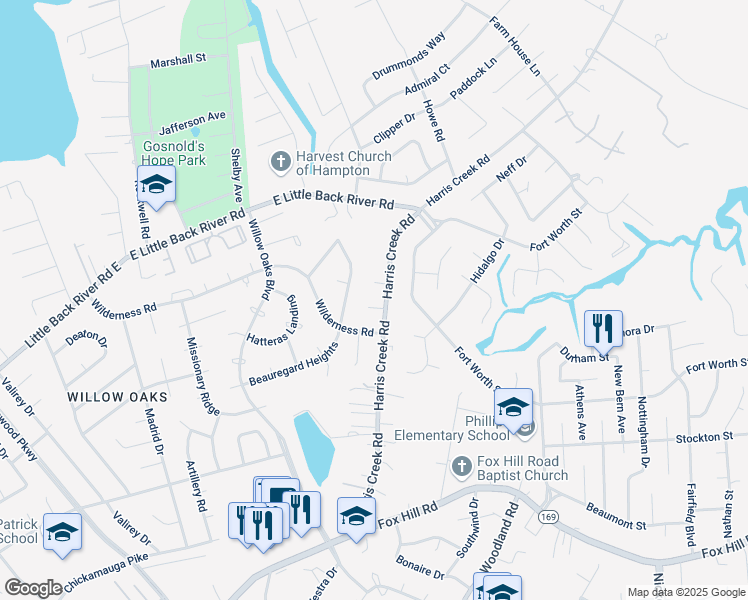 map of restaurants, bars, coffee shops, grocery stores, and more near 64 Harris Creek Road in Hampton