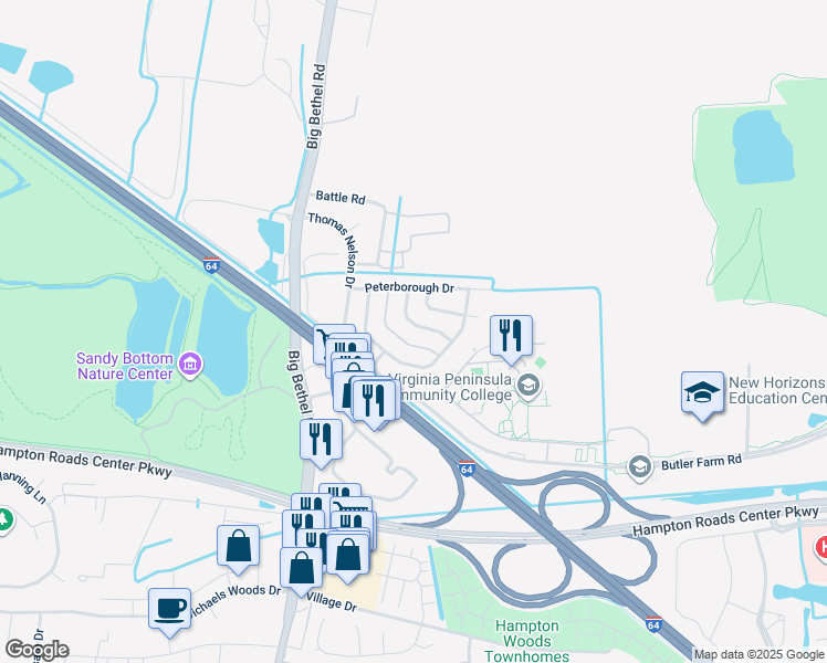 map of restaurants, bars, coffee shops, grocery stores, and more near 16 Kettering Lane in Hampton