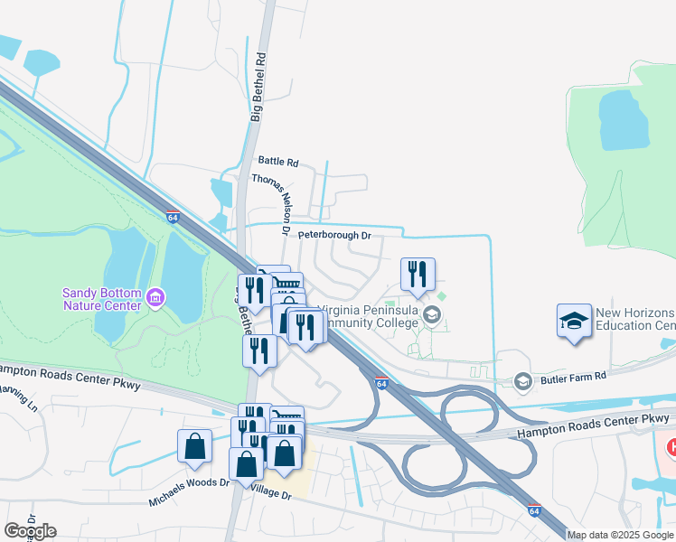 map of restaurants, bars, coffee shops, grocery stores, and more near 16 Kettering Lane in Hampton