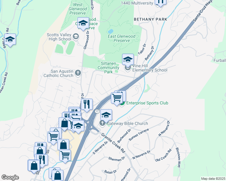 map of restaurants, bars, coffee shops, grocery stores, and more near 106 Bordeaux Lane in Scotts Valley