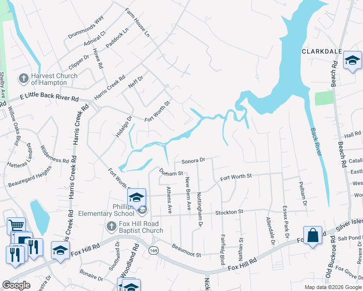 map of restaurants, bars, coffee shops, grocery stores, and more near 919 Laredo Court in Hampton