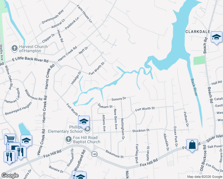 map of restaurants, bars, coffee shops, grocery stores, and more near 919 Laredo Court in Hampton