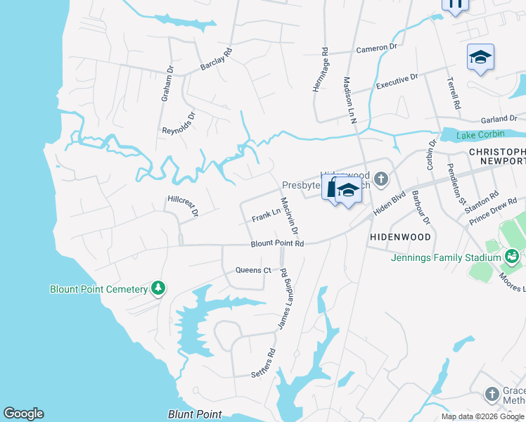 map of restaurants, bars, coffee shops, grocery stores, and more near 6 Jordan Drive in Newport News