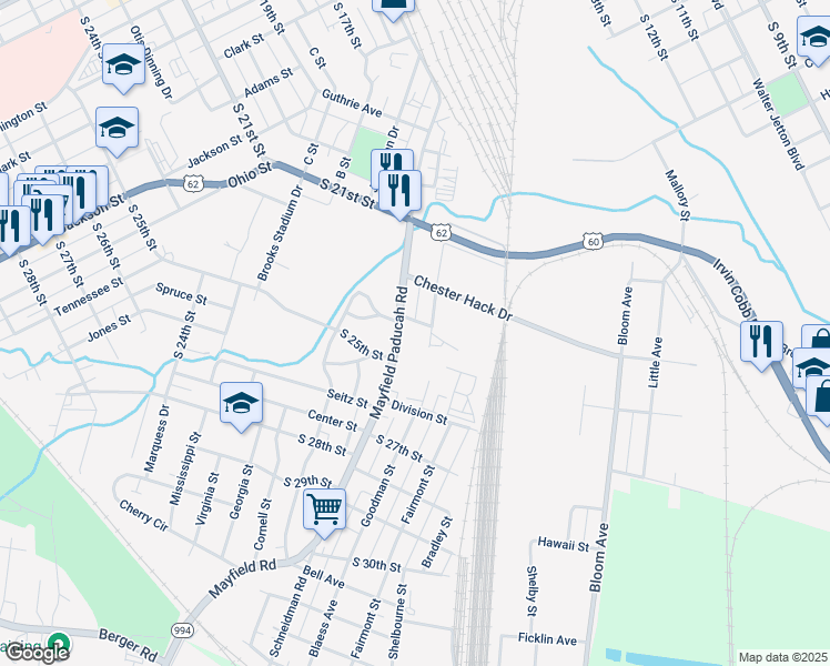 map of restaurants, bars, coffee shops, grocery stores, and more near 1304 Old Mayfield Road in Paducah