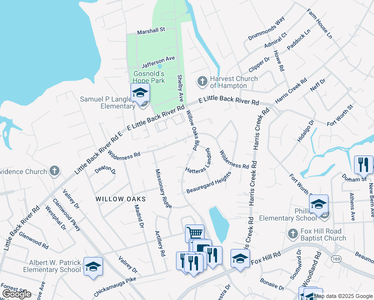 map of restaurants, bars, coffee shops, grocery stores, and more near 409 Willow Oaks Boulevard in Hampton