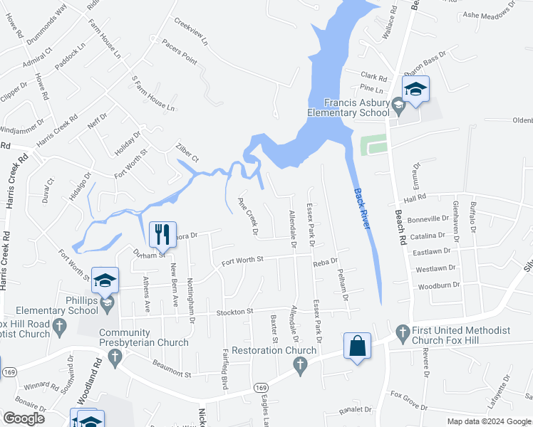map of restaurants, bars, coffee shops, grocery stores, and more near 11 Pine Lake Court in Hampton