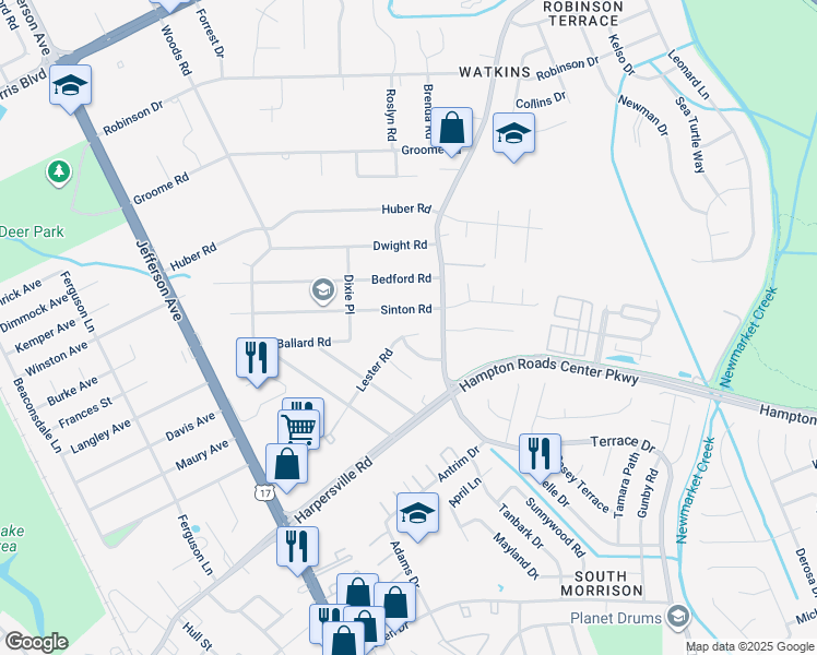 map of restaurants, bars, coffee shops, grocery stores, and more near 511 Lester Road in Newport News