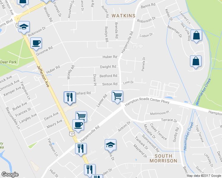 map of restaurants, bars, coffee shops, grocery stores, and more near 511 Lester Road in Newport News