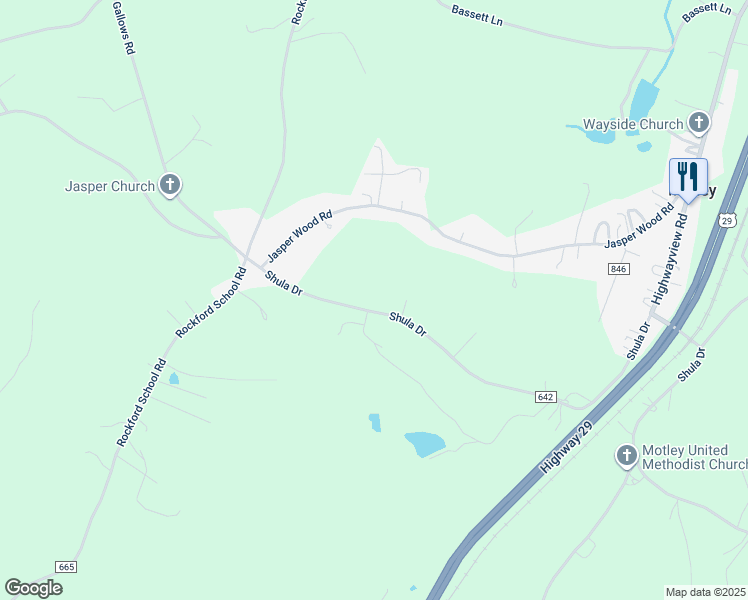 map of restaurants, bars, coffee shops, grocery stores, and more near 5468 Shula Drive in Hurt