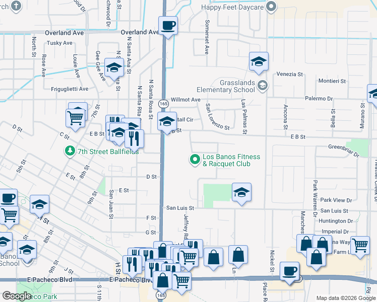 map of restaurants, bars, coffee shops, grocery stores, and more near 1520 Racquet Club Drive in Los Banos