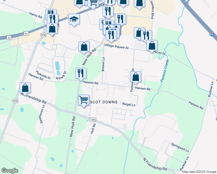 map of restaurants, bars, coffee shops, grocery stores, and more near 2411 Lynnwood Drive in Paducah