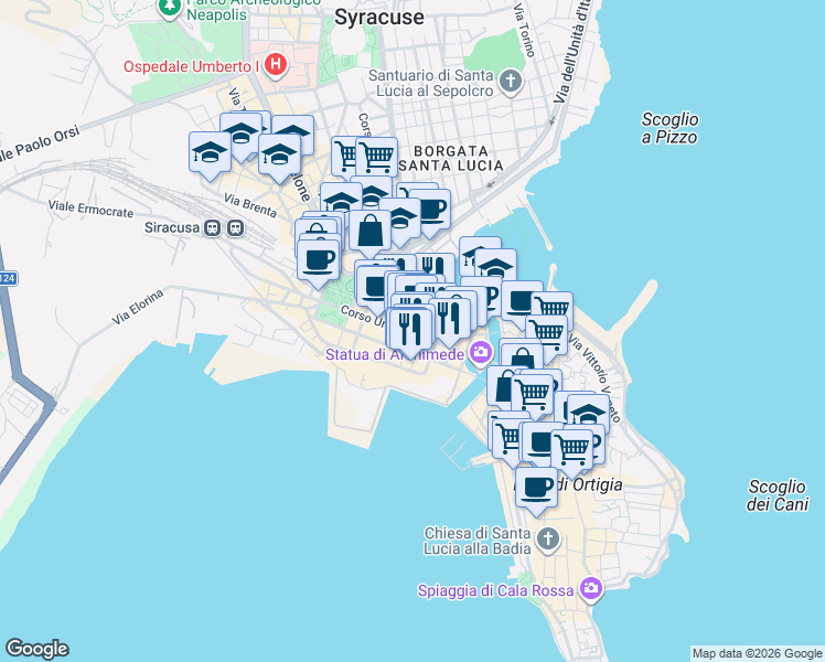 map of restaurants, bars, coffee shops, grocery stores, and more near 42 Via Malta in Siracusa