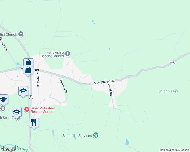 map of restaurants, bars, coffee shops, grocery stores, and more near 1632 Union Valley Road in Riner