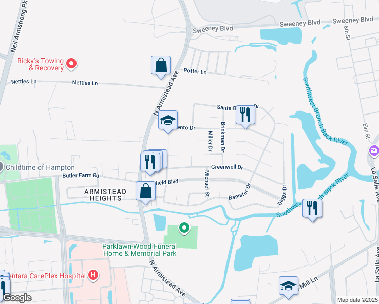 map of restaurants, bars, coffee shops, grocery stores, and more near 117 Glascock Court in Hampton