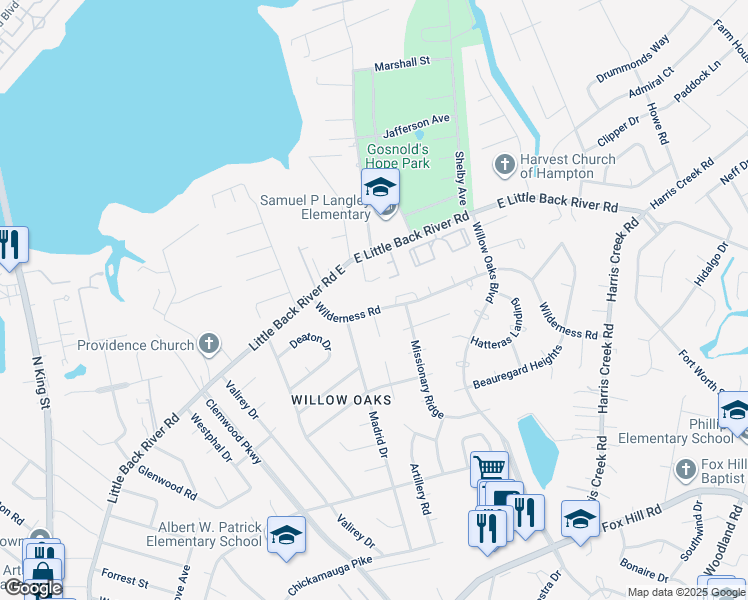 map of restaurants, bars, coffee shops, grocery stores, and more near 312 Wilderness Road in Hampton