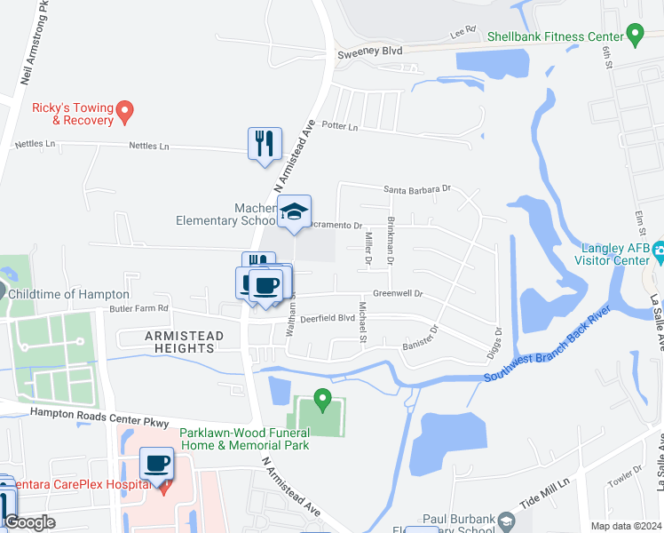 map of restaurants, bars, coffee shops, grocery stores, and more near 117 Glascock Court in Hampton