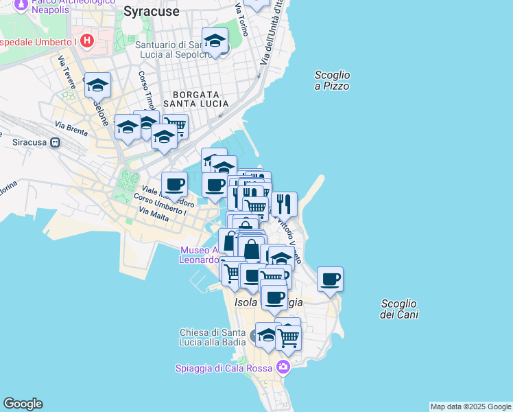 map of restaurants, bars, coffee shops, grocery stores, and more near 43 Via Trento in Siracusa