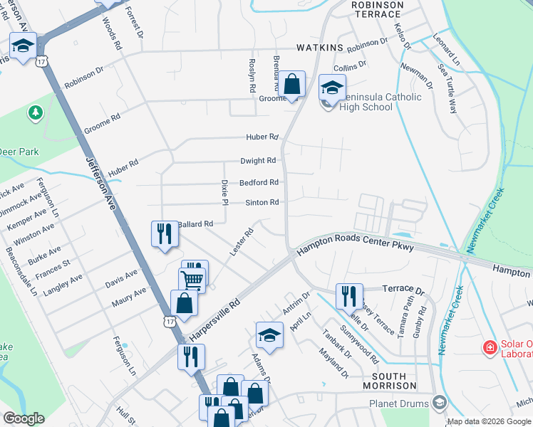 map of restaurants, bars, coffee shops, grocery stores, and more near 113 Cardinal Lane in Newport News