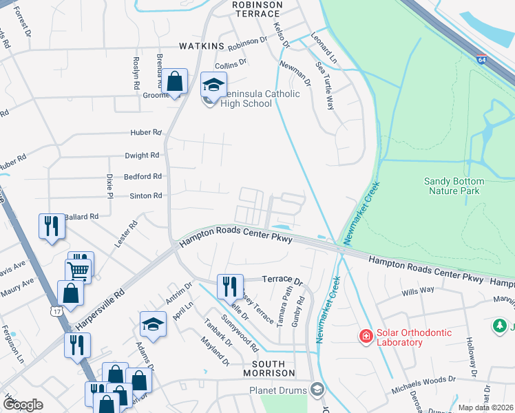 map of restaurants, bars, coffee shops, grocery stores, and more near 101 Zenith Loop in Newport News