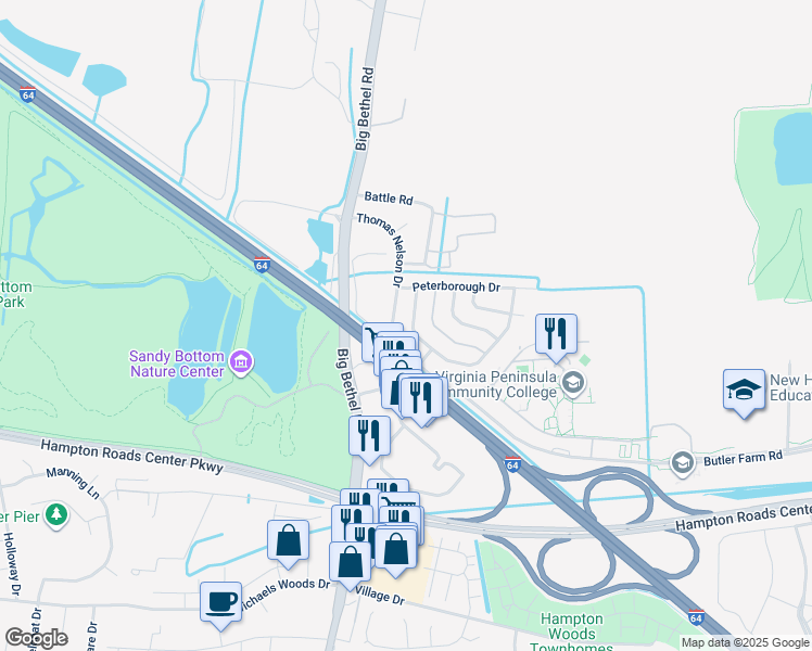map of restaurants, bars, coffee shops, grocery stores, and more near 12 Rotherham Lane in Hampton