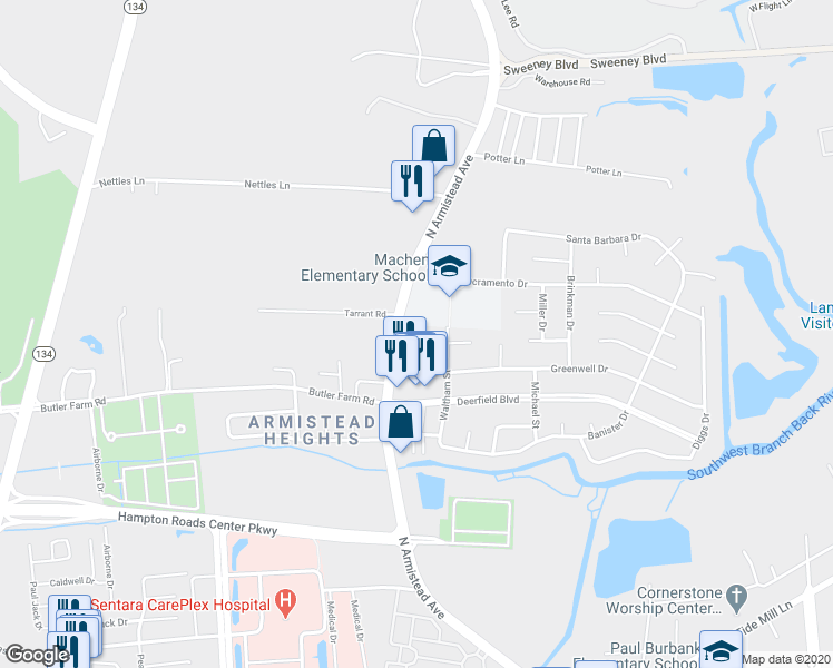 map of restaurants, bars, coffee shops, grocery stores, and more near 8 Carmine Place in Hampton