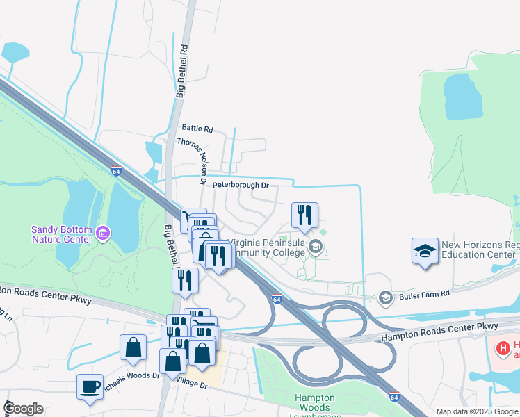 map of restaurants, bars, coffee shops, grocery stores, and more near 23 Kettering Lane in Hampton