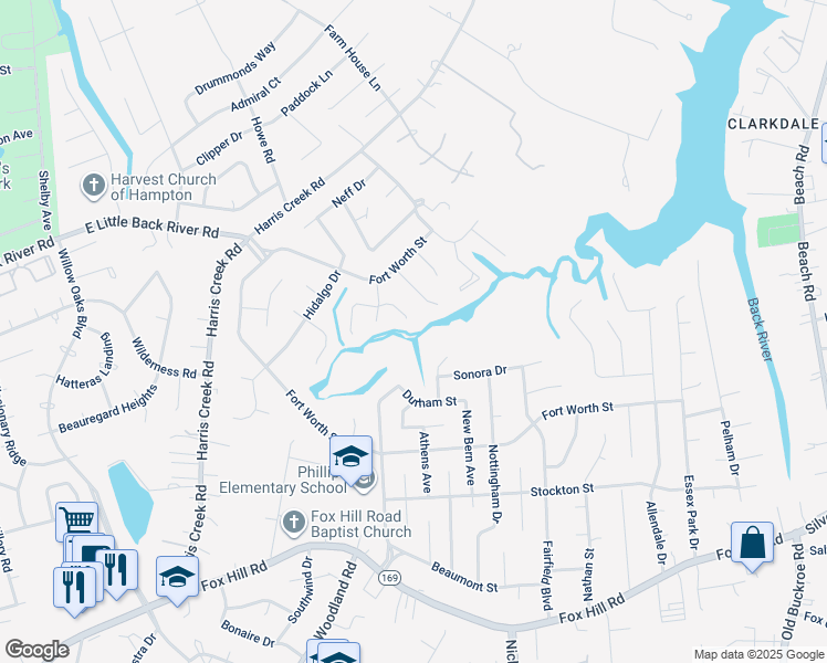 map of restaurants, bars, coffee shops, grocery stores, and more near 36 Sandpiper Court in Hampton