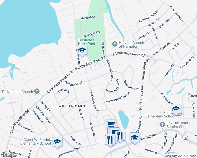 map of restaurants, bars, coffee shops, grocery stores, and more near 3 Kanawha Court in Hampton