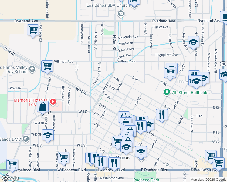 map of restaurants, bars, coffee shops, grocery stores, and more near 234 F Street in Los Banos