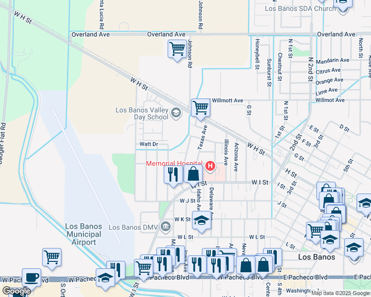 map of restaurants, bars, coffee shops, grocery stores, and more near 703 Iowa Avenue in Los Banos