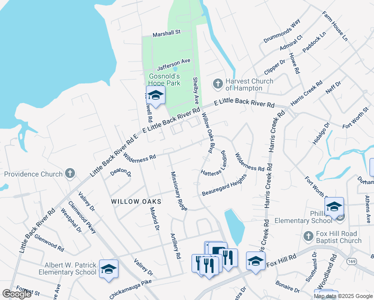 map of restaurants, bars, coffee shops, grocery stores, and more near 3 Kanawha Court in Hampton