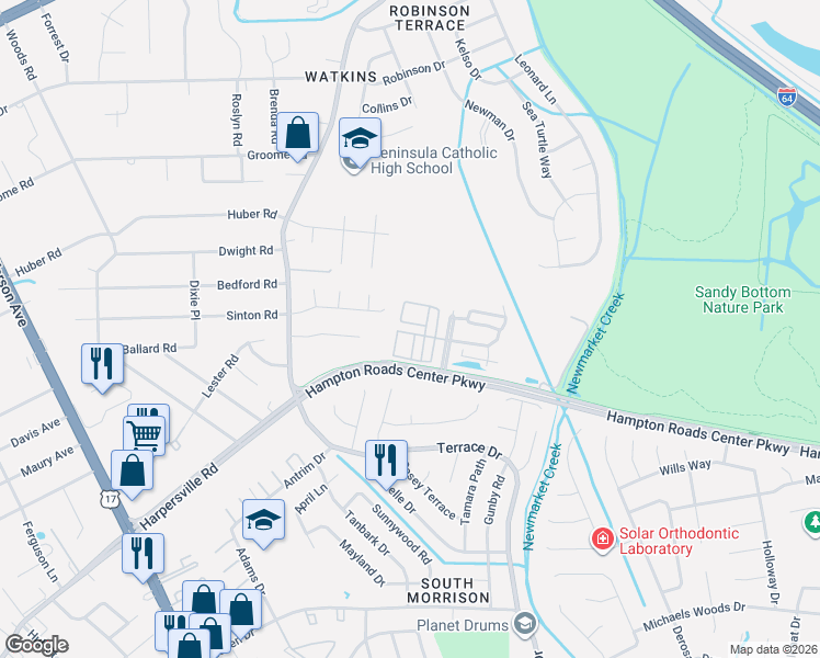 map of restaurants, bars, coffee shops, grocery stores, and more near 174 Hemisphere Circle in Newport News